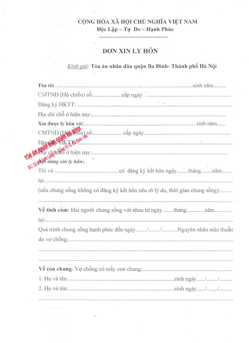 Mẫu đơn ly hôn đơn phương mới nhất do Tòa án quận Ba Đình, Hà Nội ban hành
