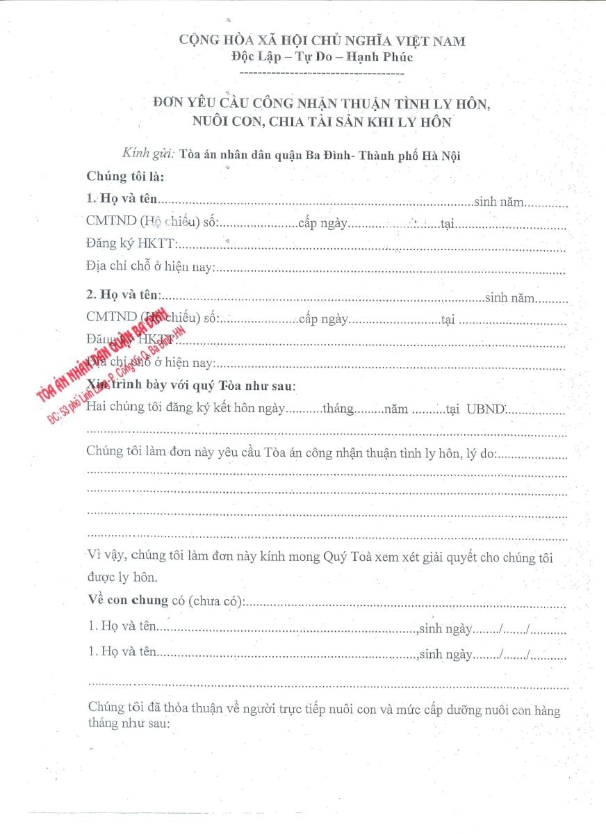 Mẫu đơn thuận tình ly hôn mới nhất do Tòa án quận Ba Đình, Hà Nội ban hành