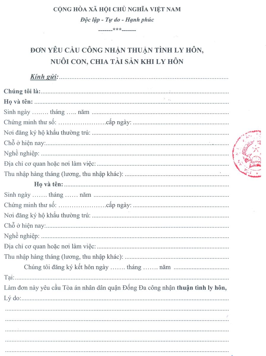 Mẫu đơn thuận tình ly hôn quận Đống Đa, Hà Nội 2017