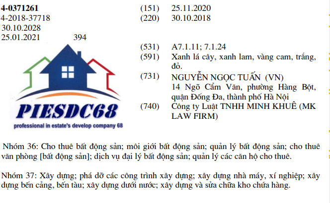 Đăng ký bảo hộ độc quyền nhãn hiệu “PIESDC68” trong lĩnh vực bất động sản và xây dựng