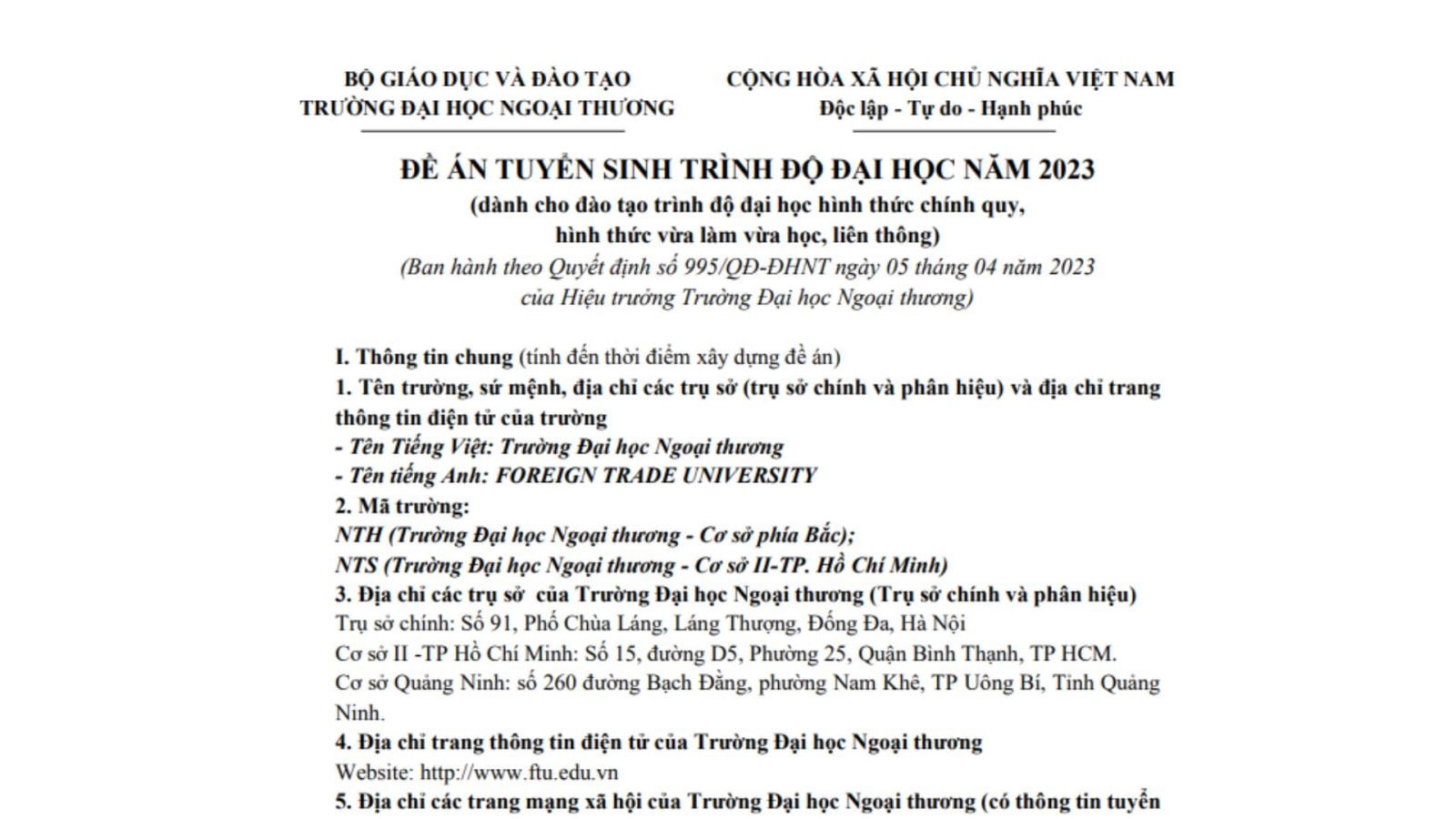 Điểm chuẩn FTU - Điểm chuẩn Đại học Ngoại thương mới nhất năm 2023