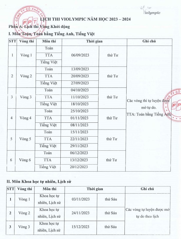 Lịch thi Violympic năm học ‎2023 - 2024 cập nhật mới nhất