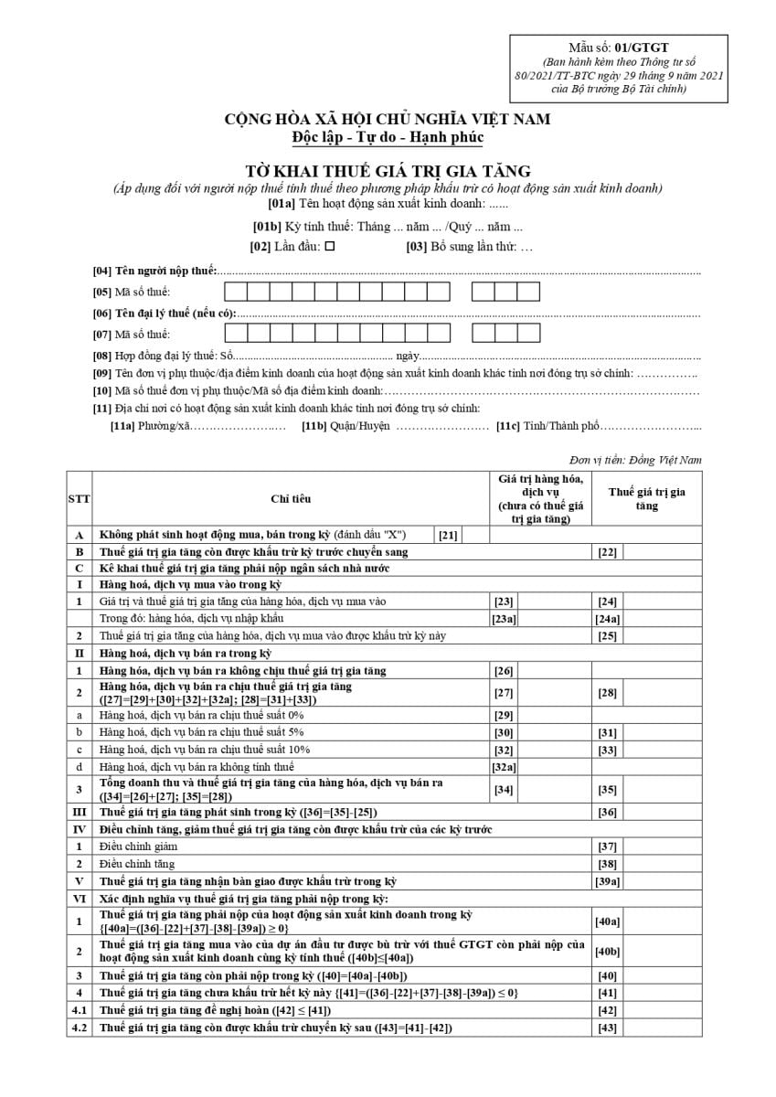 Mẫu Tờ khai thuế giá trị gia tăng 2023 theo phương pháp khấu trừ