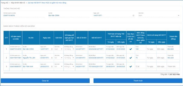 Gia hạn thẻ BHYT hộ gia đình có giảm trừ mức đóng online năm 2024