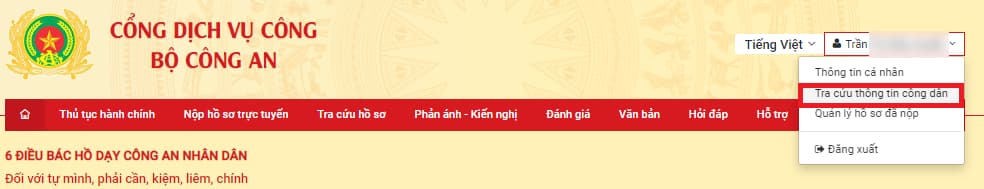 Tra cứu thông tin công dân tại Cổng dịch vụ công quản lý cư trú?