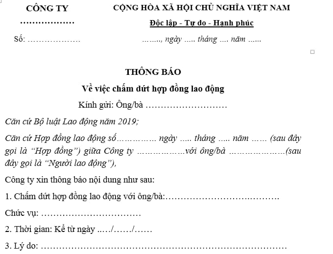 Mẫu Thông báo Chấm dứt Hợp đồng Lao động Mới Nhất 2024 - Tải Miễn Phí
