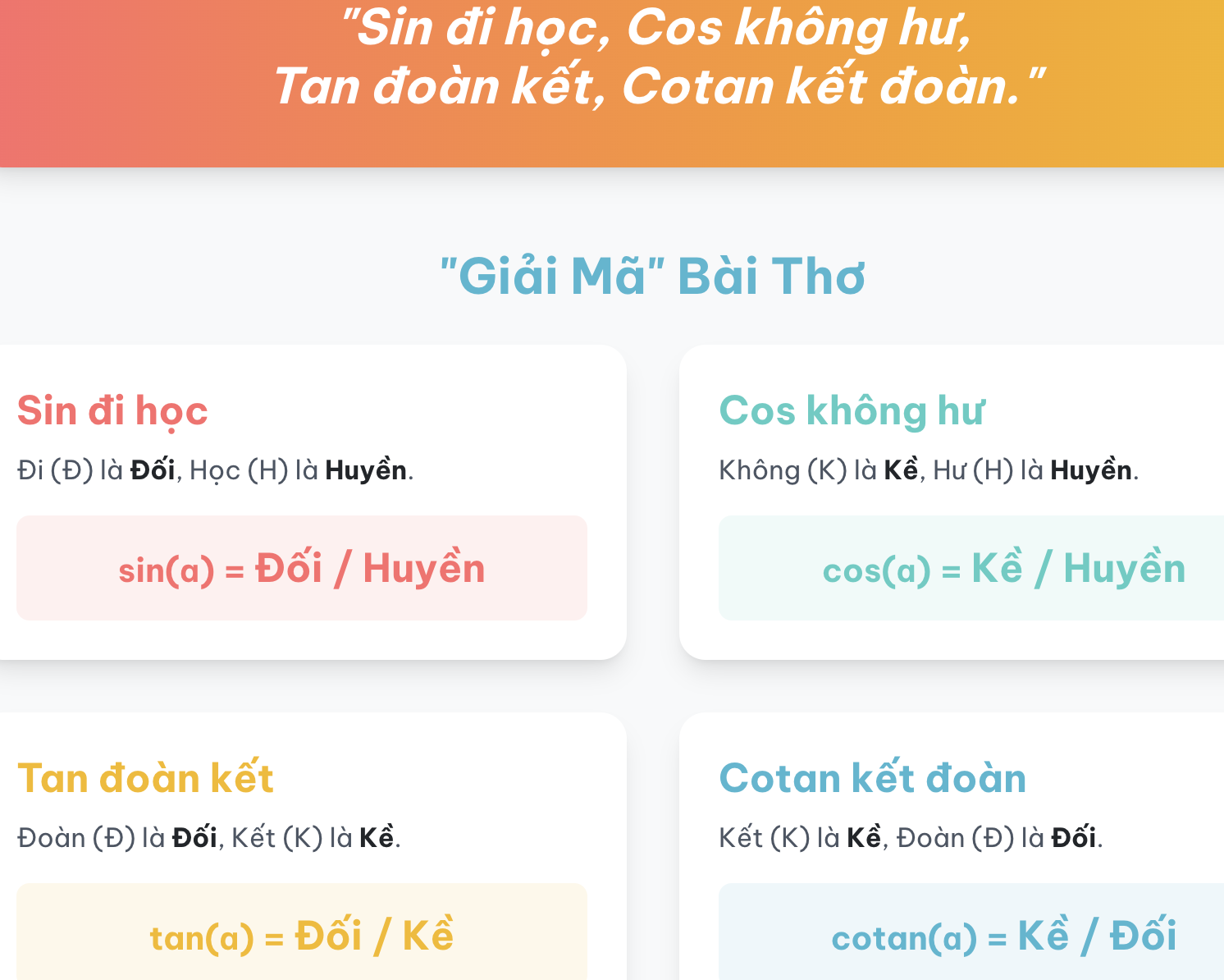 Bài thơ sin cos tan (Sin đi học Cos không hư) dễ nhớ cho học sinh lớp 9