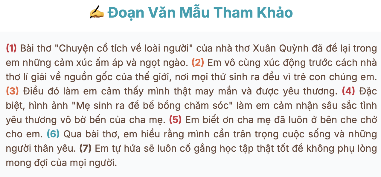 Đoạn văn ghi lại cảm xúc của em về bài thơ Chuyện cổ tích về loài người (5 - 7 câu)