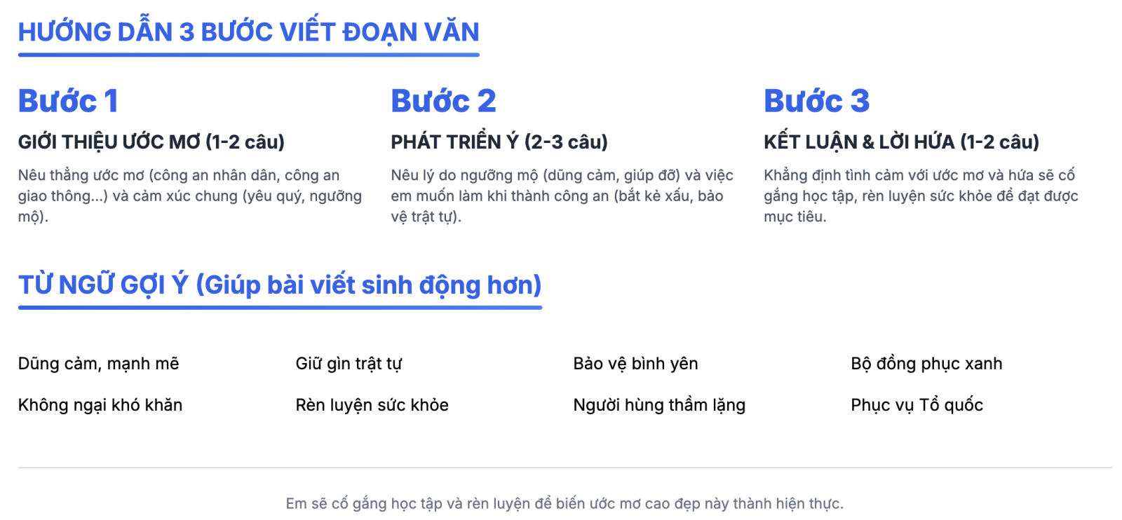 Viết đoạn văn nói về ước mơ làm công an lớp 3