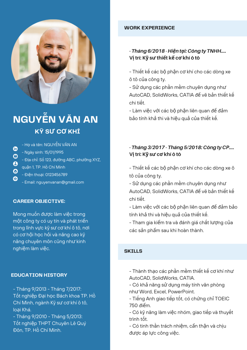 Mẫu CV xin việc nghề kỹ sư bằng Tiếng Anh, song ngữ chuẩn nhất