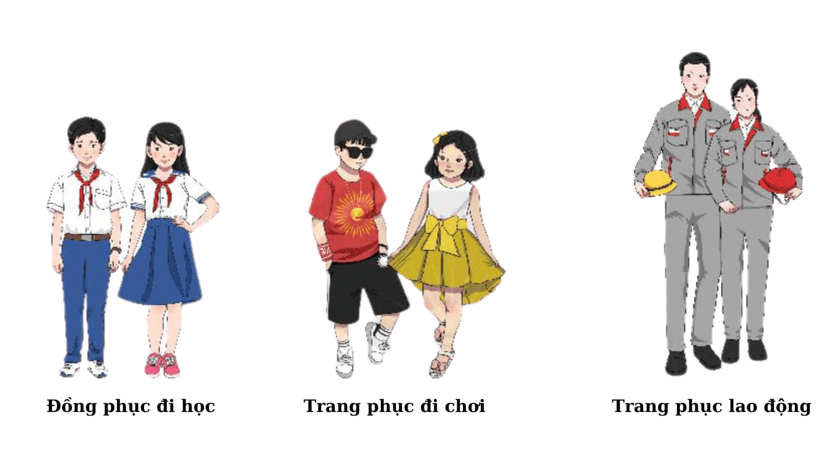 Em hãy so sánh sự khác biệt về kiểu dáng và màu sắc của các bộ trang phục