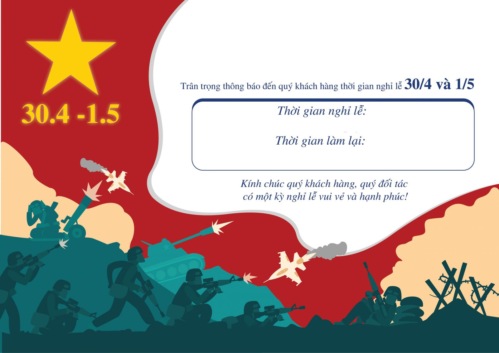 Thông báo nghỉ lễ 30/4 và 01/5 (mẫu 2)