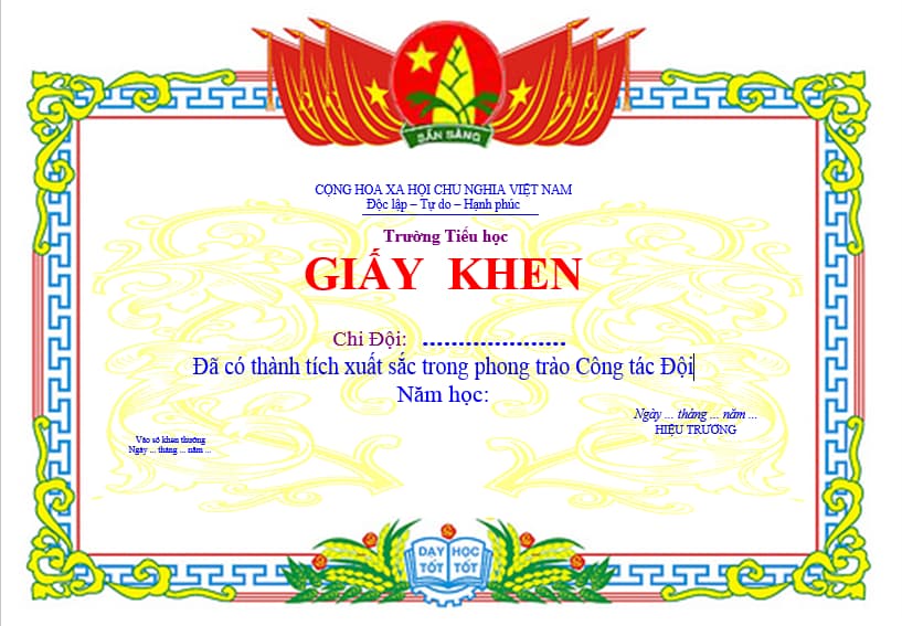 Mẫu giấy khen của Đội thiếu niên tiền phong Hồ Chí Minh mới nhất