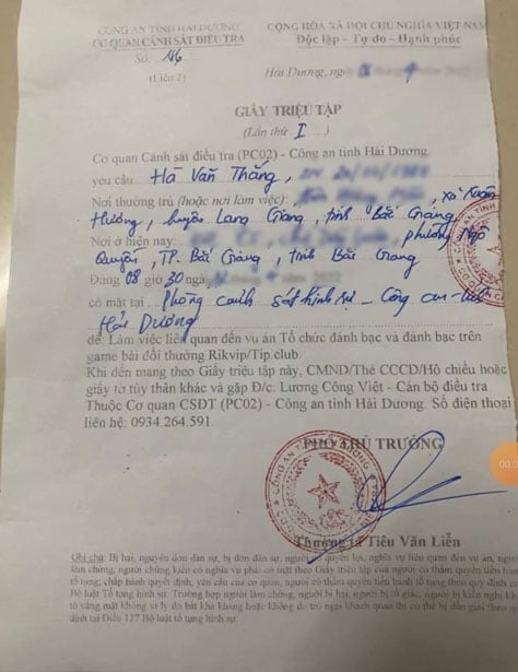 Giấy triệu tập đánh bạc từ Công an