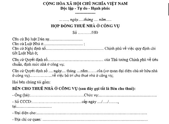 Mẫu hợp đồng thuê nhà ở công vụ theo Nghị định 95/2024/NĐ-CP