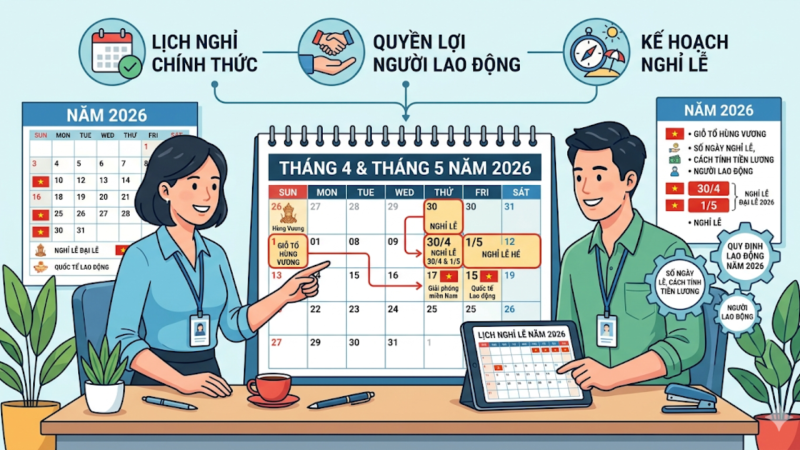 Điều kiện để NLĐ được nghỉ 9 ngày liên tiếp dịp 30/4, 1/5 và Giỗ tổ 2026?