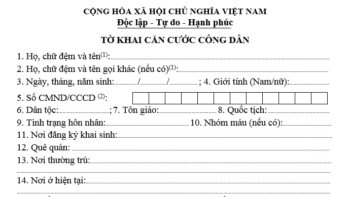 Mẫu tờ khai làm căn cước công dân gắn chip online mới