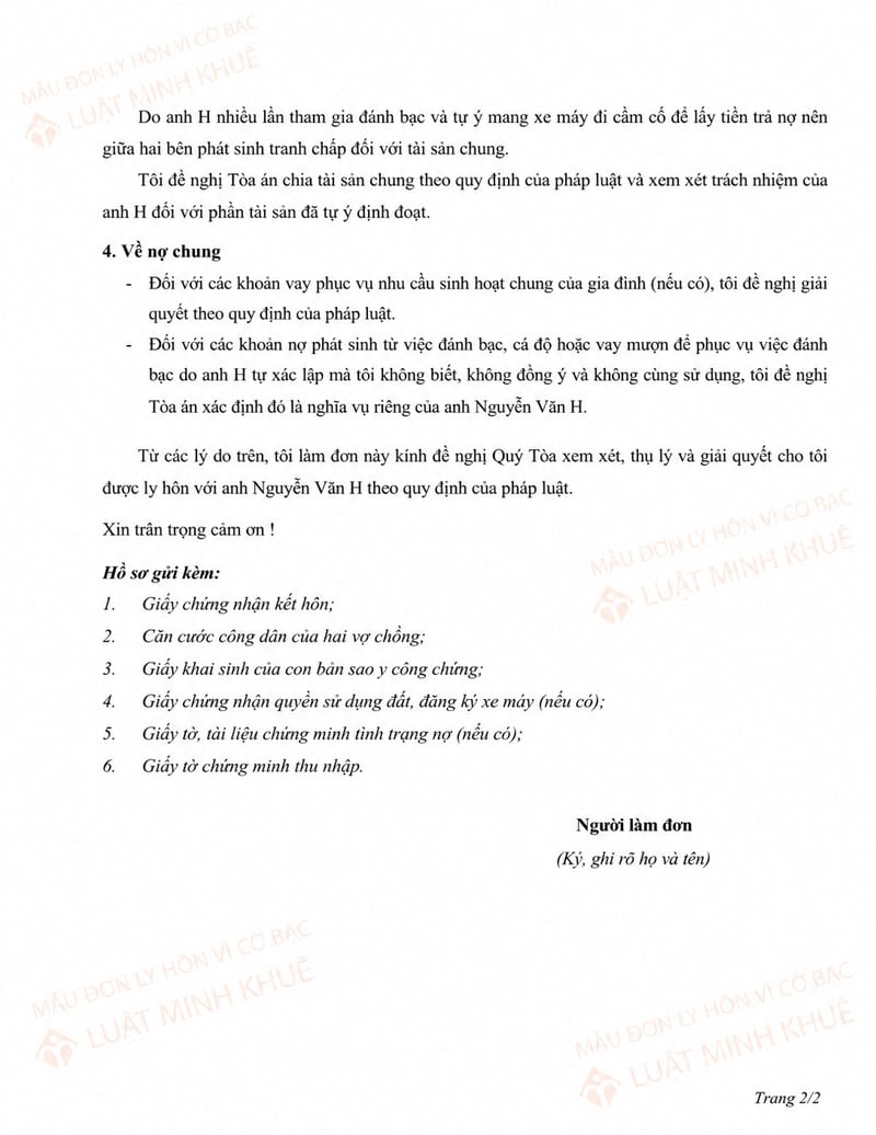 Mẫu đơn ly hôn vì cờ bạc, nợ nần - Ảnh cuối