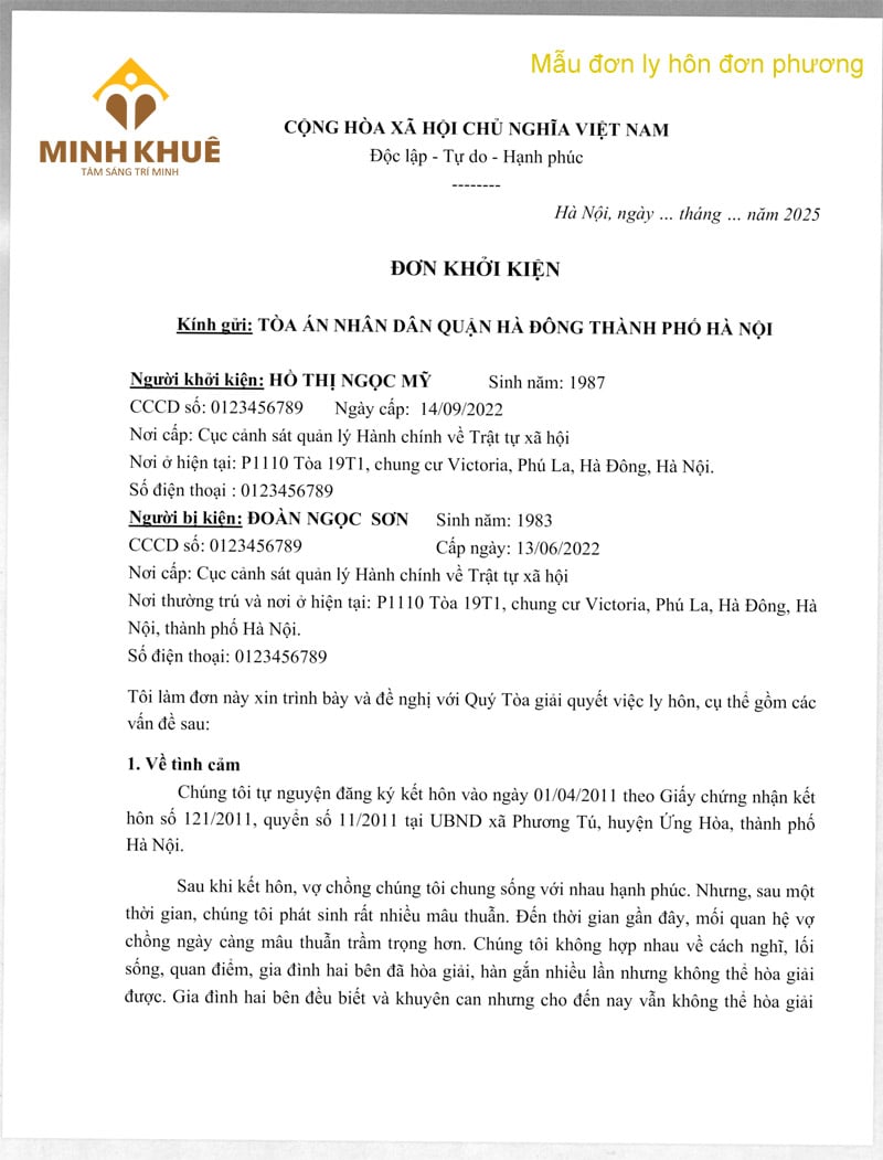 Mẫu đơn xin ly hôn đơn phương điền sẵn - mẫu đơn khởi kiện