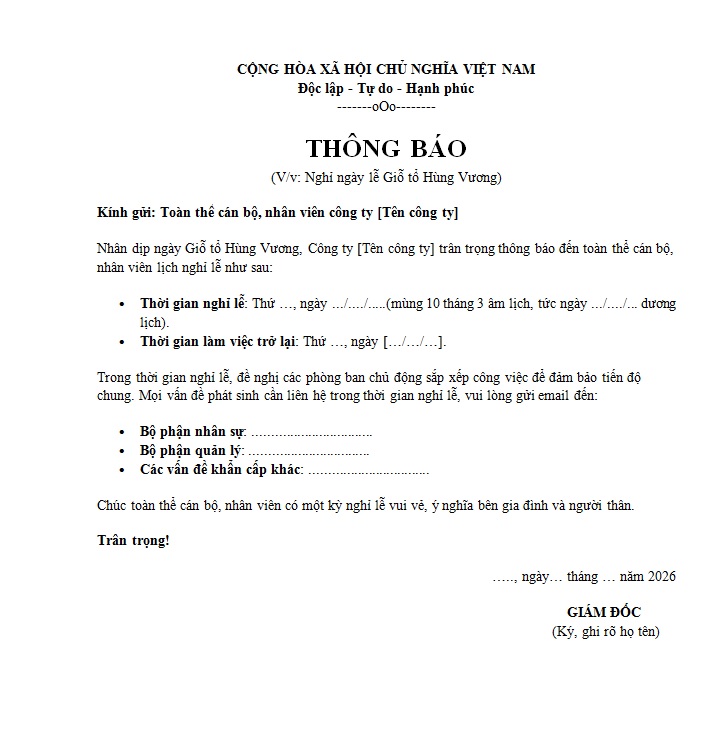 Mẫu thông báo nghỉ lễ cho nhân viên (nội bộ công ty)