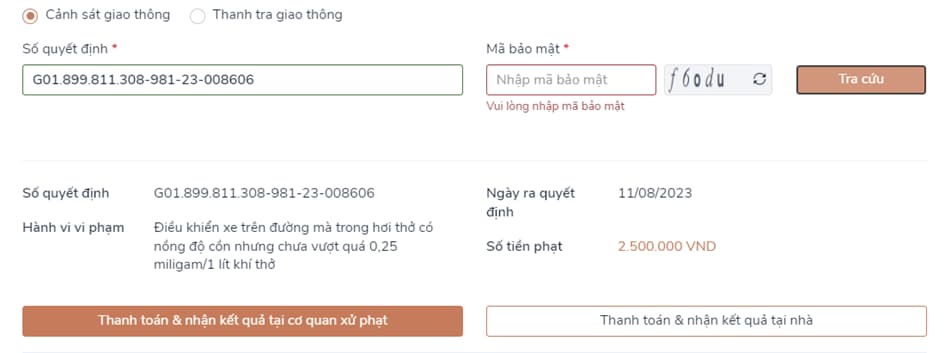 Cách nộp phạt vi phạm giao thông trực tuyến, nhận kết quả tại nhà