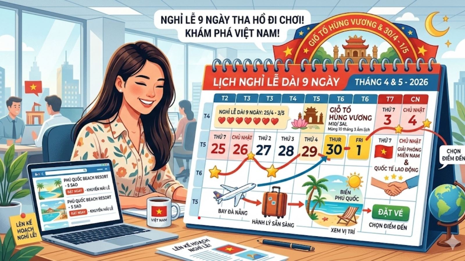 Mẹo xin nghỉ phép để kỳ nghỉ lễ 30/4, 1/5 và Giỗ tổ 2026 kéo dài 9 ngày liên tục
