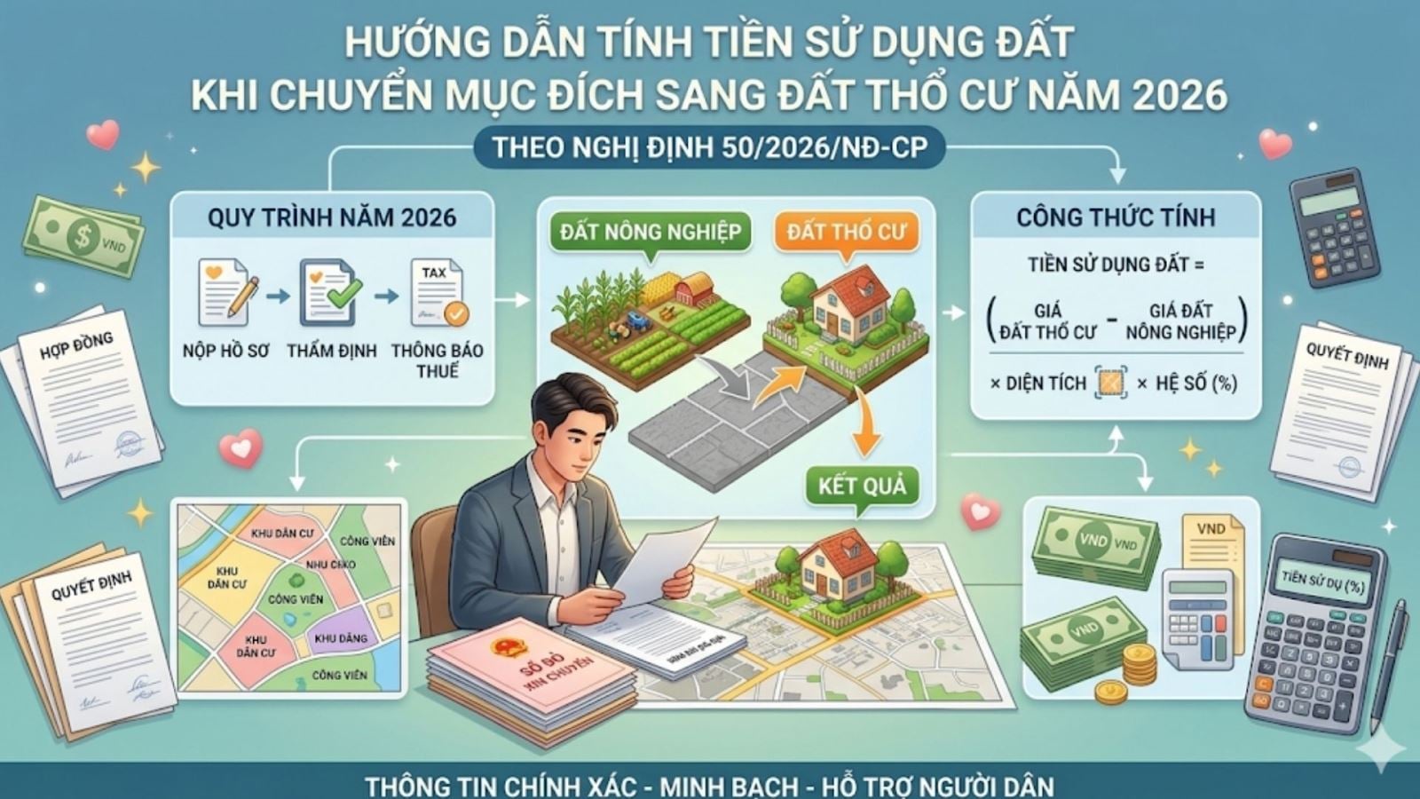 Cách tính tiền sử dụng đất khi lên thổ cư 2026 theo Nghị định 50/2026/NĐ-CP