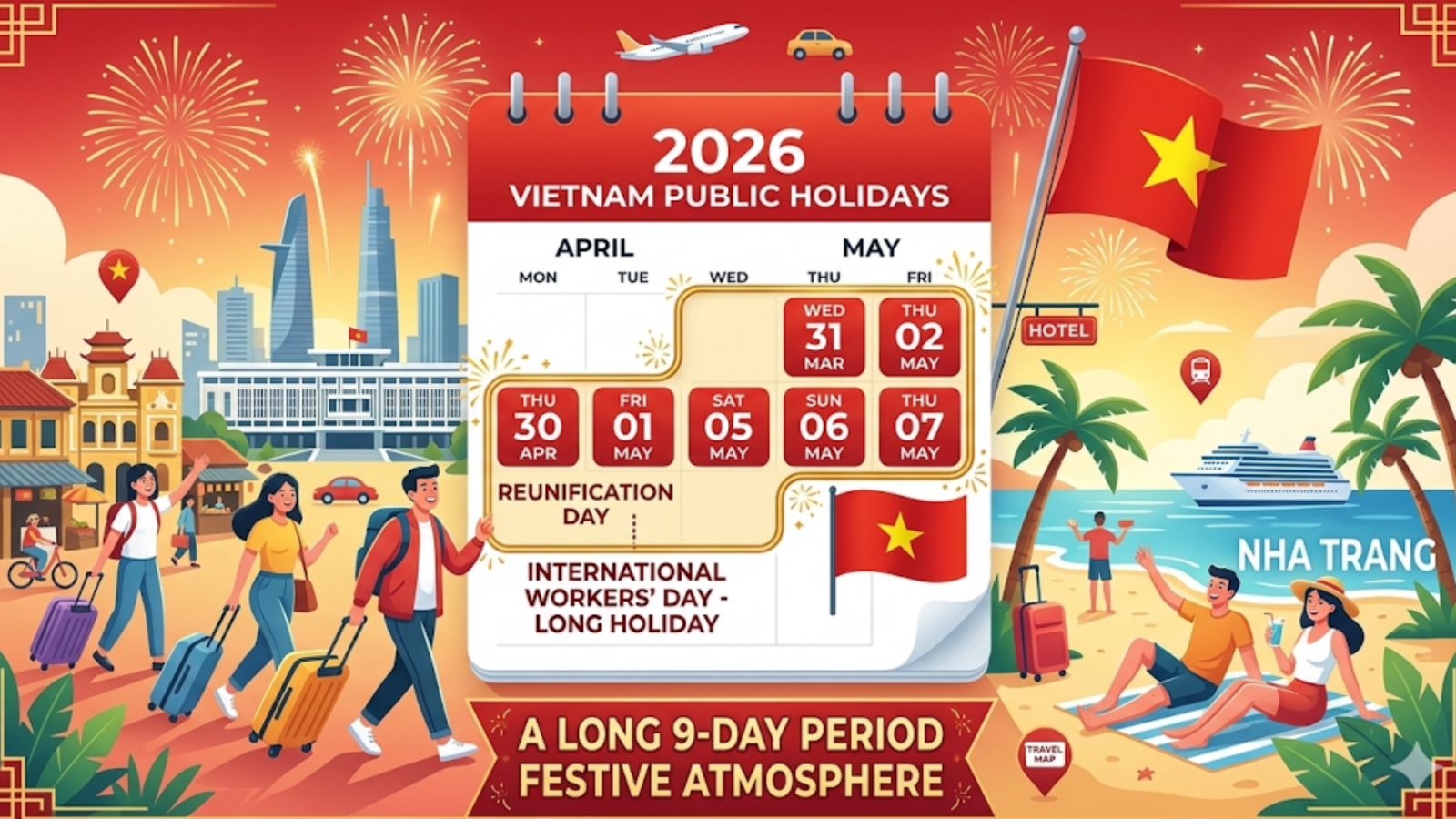 Phương án hoán đổi ngày làm việc để kỳ nghỉ lễ 30/4 - 1/5 năm 2026 kéo dài 9 ngày