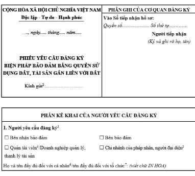 Mẫu phiếu yêu cầu đăng ký biện pháp bảo đảm bằng quyền sử dụng đất, tài sản gắn liền với đất