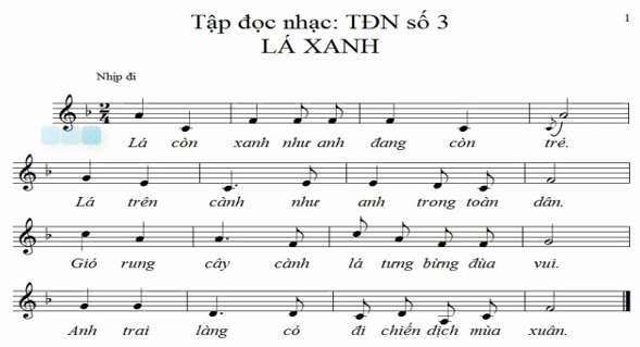 Tập đọc nhạc số 3 lớp 9 bài Lá xanh, có tên nốt nhạc