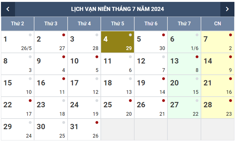 Lịch âm dương Tháng 7 2024 chính xác, đầy đủ? Tháng 7 năm 2024 có ngày lễ gì?