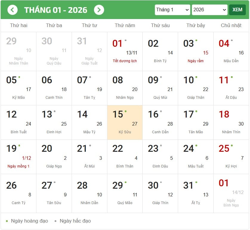 Lịch tháng 1 năm 2026 (lịch dương số lớn, lịch âm số bé - Ngày lễ, Tết mầu đỏ)