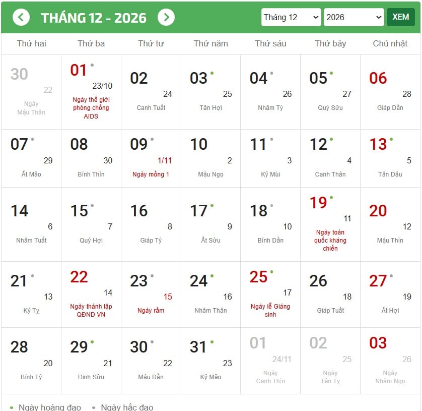 Lịch tháng 12 năm 2026 (lịch dương số lớn, lịch âm số bé - Ngày lễ, Tết mầu đỏ)