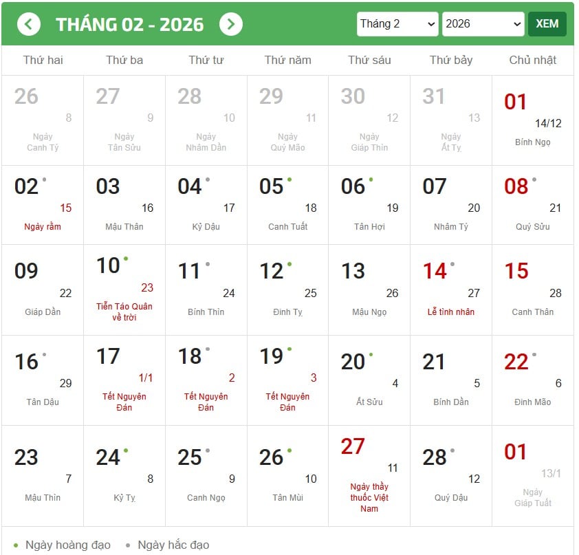 Lịch tháng 2 năm 2026 (lịch dương số lớn, lịch âm số bé - Ngày lễ, Tết mầu đỏ)