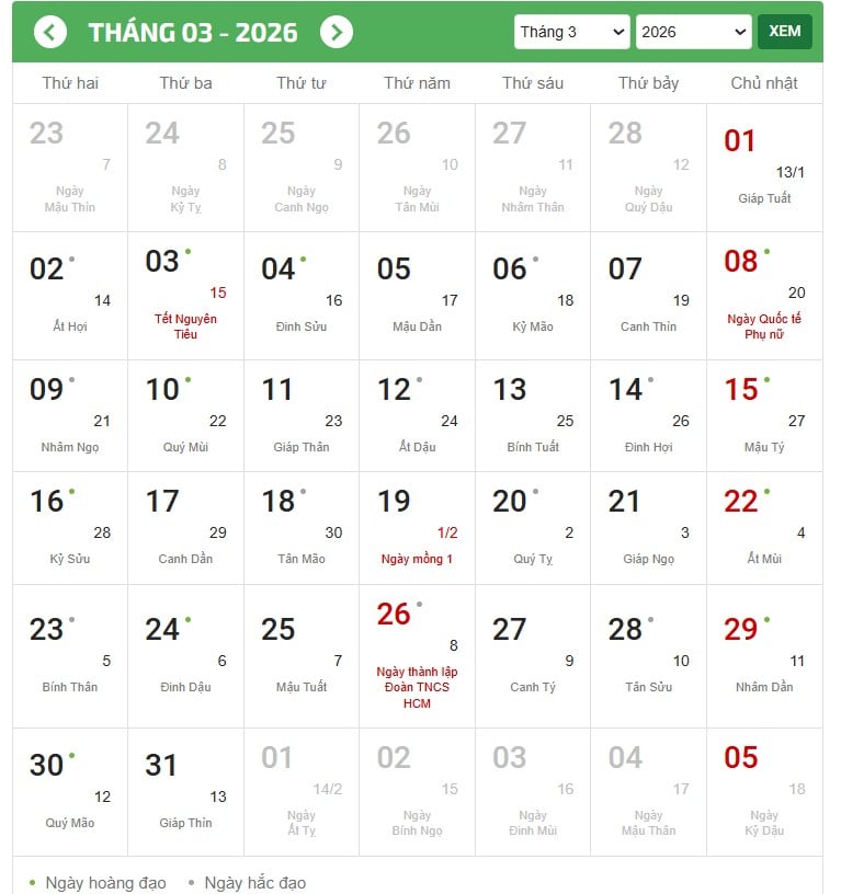 Lịch tháng 3 năm 2026 (lịch dương số lớn, lịch âm số bé - Ngày lễ, Tết mầu đỏ)