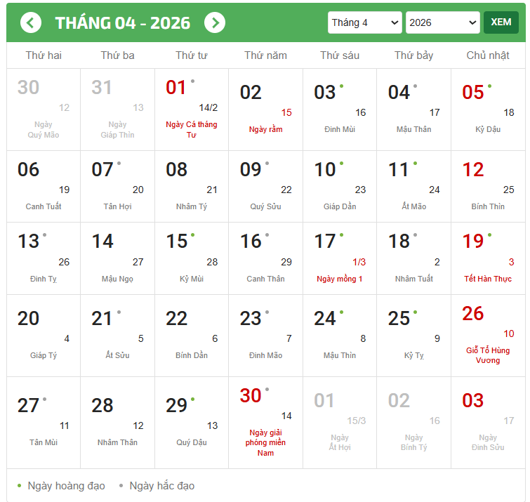 Lịch tháng 4 năm 2026 (lịch dương số lớn, lịch âm số bé - Ngày lễ, Tết mầu đỏ)