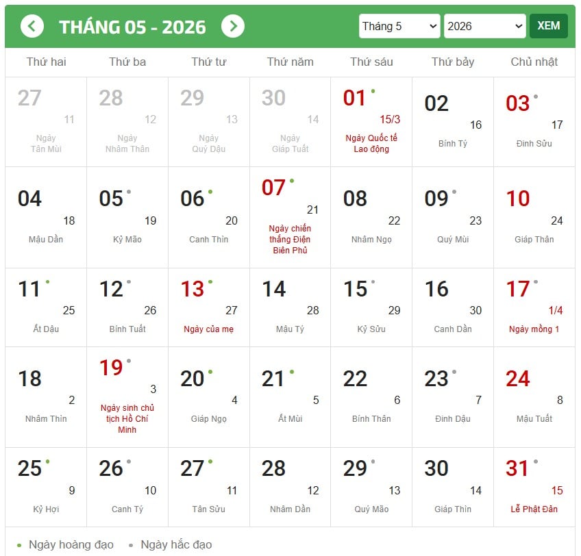 Lịch tháng 5 năm 2026 (lịch dương số lớn, lịch âm số bé - Ngày lễ, Tết mầu đỏ)