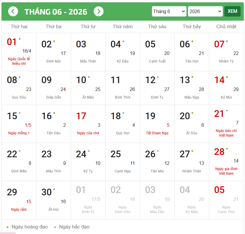 Lịch tháng 6 năm 2026 (lịch dương số lớn, lịch âm số bé - Ngày lễ, Tết mầu đỏ)