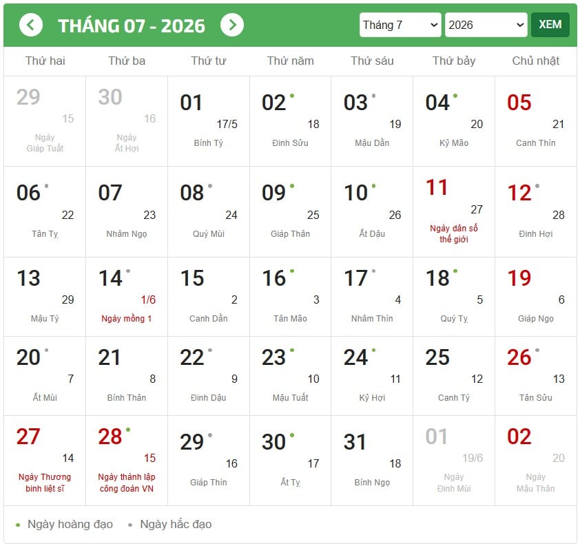 Lịch tháng 7 năm 2026 (lịch dương số lớn, lịch âm số bé - Ngày lễ, Tết mầu đỏ)
