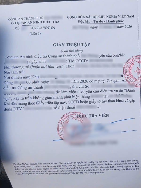 Giấy triệu tập cờ bạc qua mạng của cơ quan Điều tra