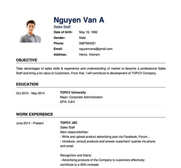 Mẫu CV bằng tiếng Anh đơn giản, chuyên nghiệp