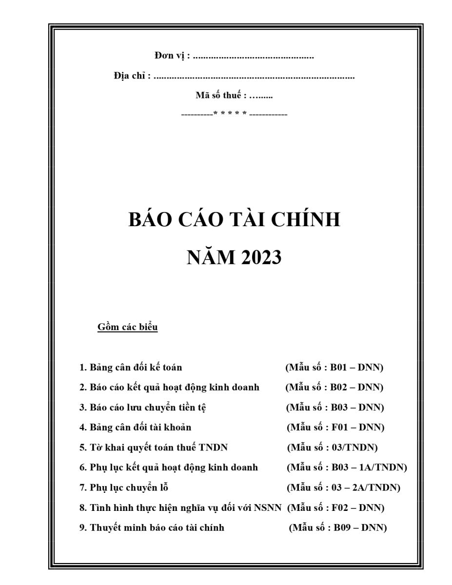 Mẫu Bìa báo cáo tài chính file word, Excel mới nhất 2023