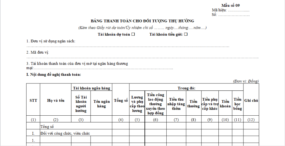 Mẫu 09 Bảng thanh toán cho đối tượng thụ hưởng mới nhất 2023