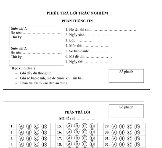 Mẫu Phiếu Làm Bài Thi Trả Lời Trắc Nghiệm Mới Nhất Năm 2023