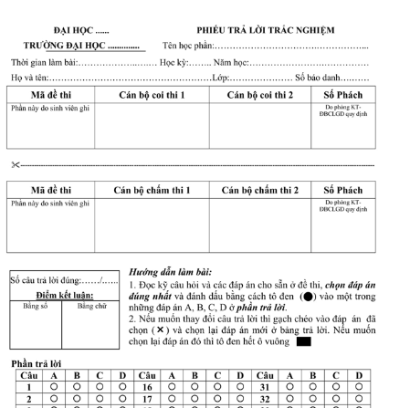 Mẫu Phiếu Làm Bài Thi Trả Lời Trắc Nghiệm Mới Nhất Năm 2023