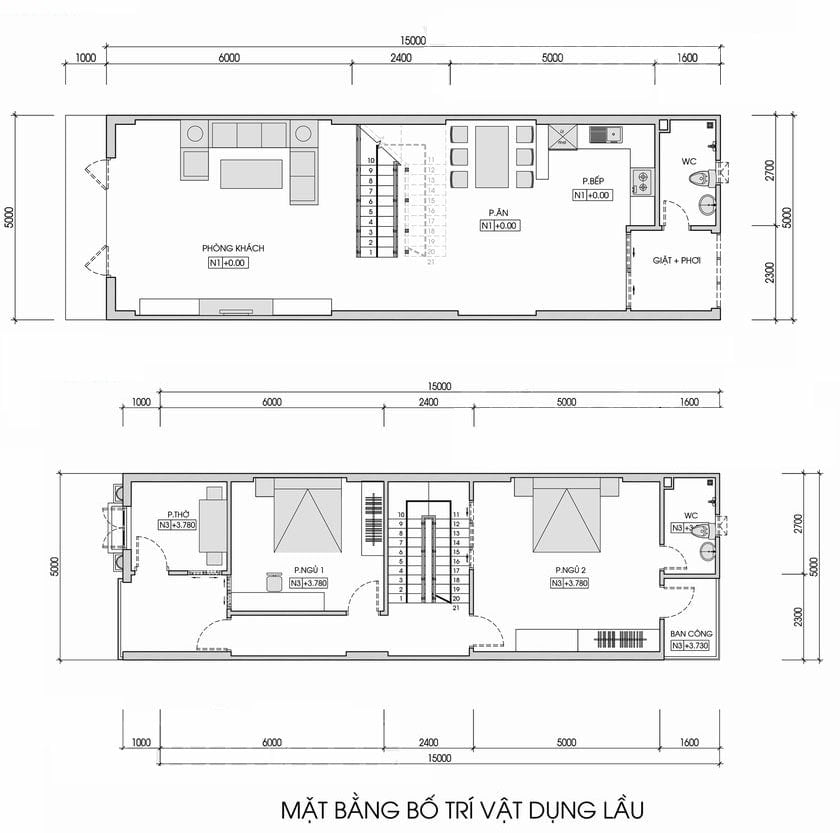 Bản vẽ nhà 2 tầng - diện tích 5x15m