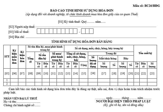 Mẫu báo cáo tình hình sử dụng hóa đơn theo Quý mới nhất 2023