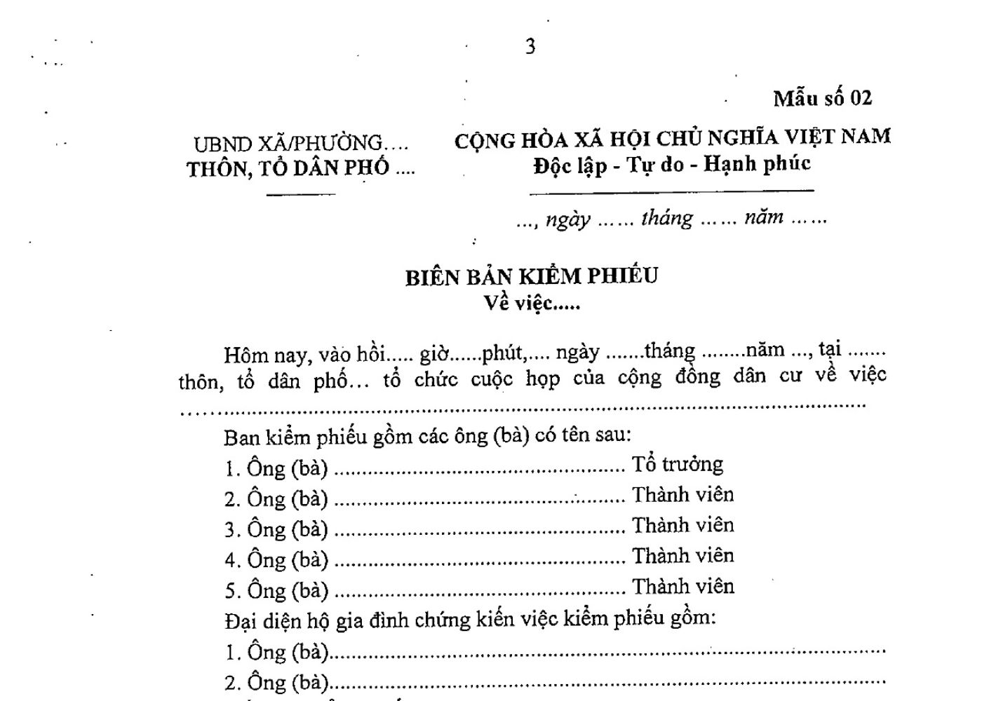 Mẫu biên bản kiểm phiếu họp thôn, tổ dân phố mới nhất