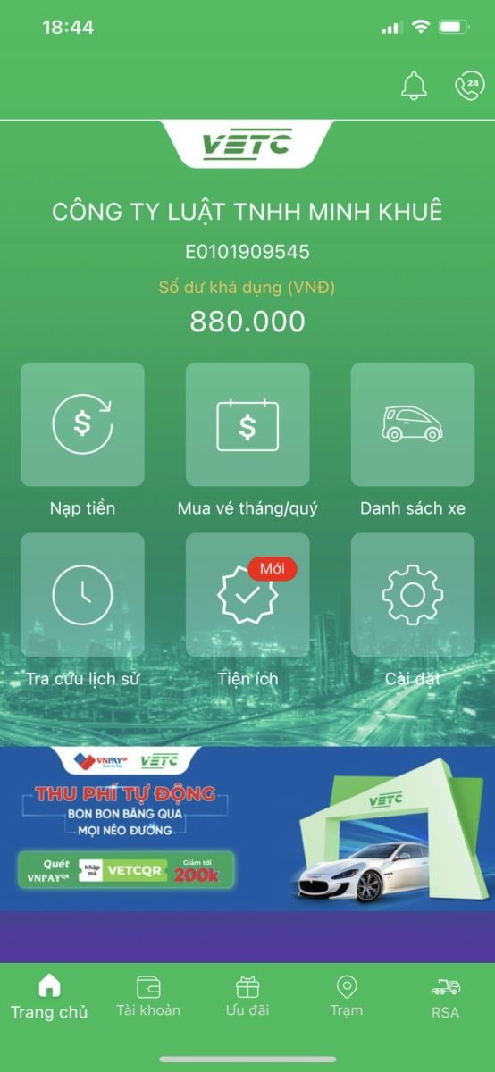 VETC của Công ty luật Minh Khuê đã đăng ký thành công.