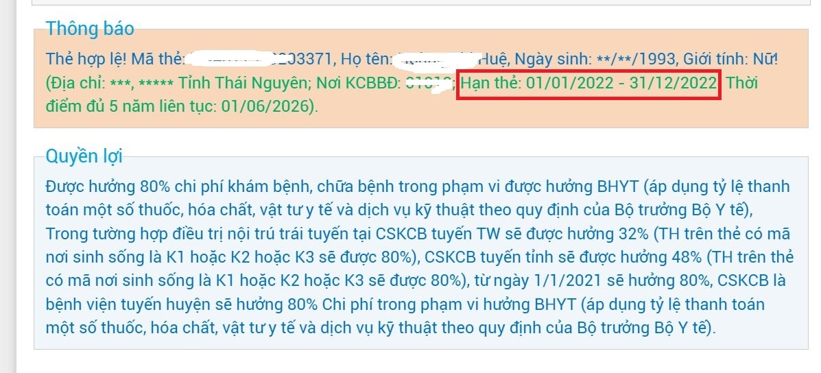 Kết quả tra cứu thời hạn sử dụng của thẻ BHYT